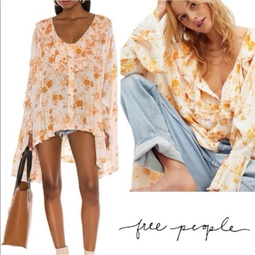 NEW! FREE PEOPLE LORETTA BOHO FLOWY TUNIC TOP - SIZE M - TEA COMBO PRINT